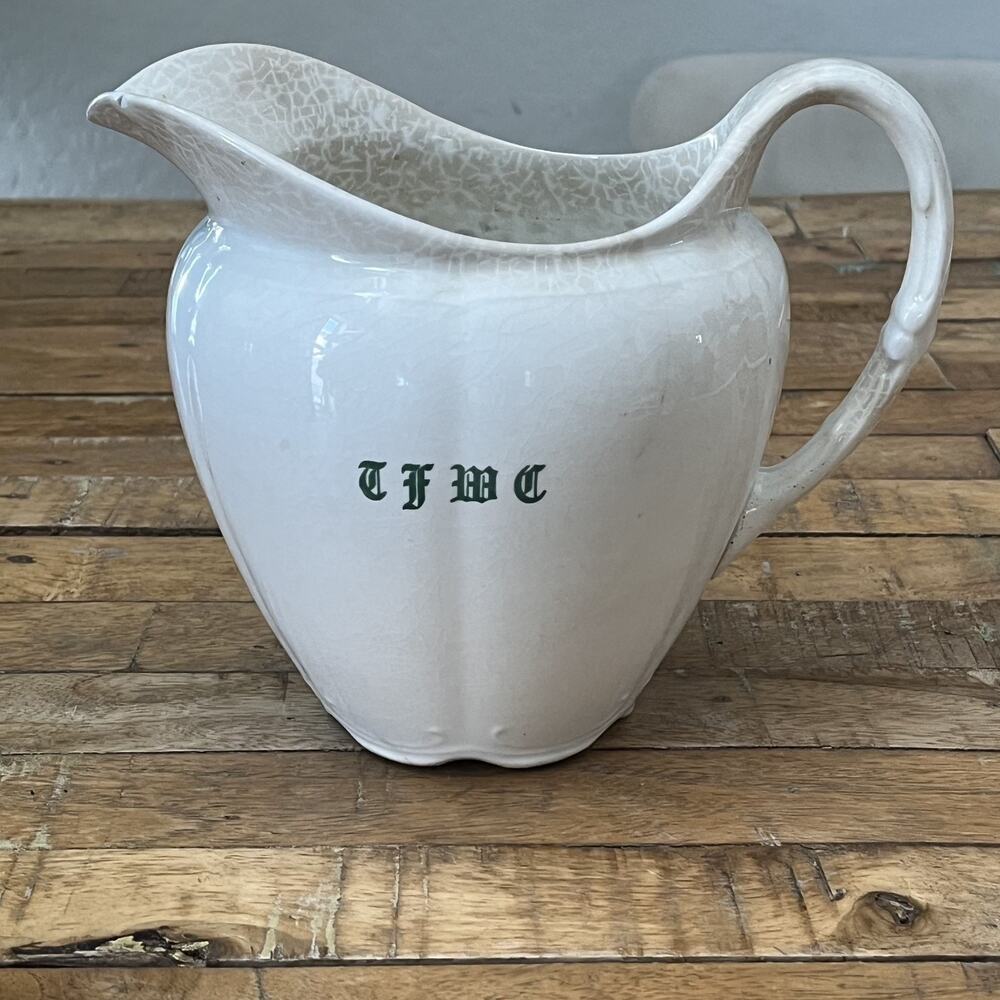 Antique White Brown Patina Ironstone Pitcher 8” Green TMFC Monogram Farmhouse